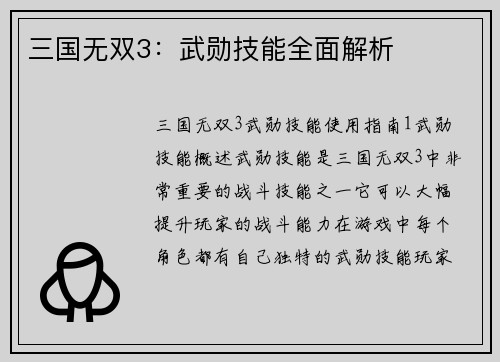 三国无双3：武勋技能全面解析